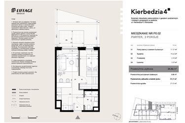 Rzut - Mieszkanie na sprzedaż 2 pokoje o powierzchni 34,46 m² - numer P0.02 w Kierbedzia 4