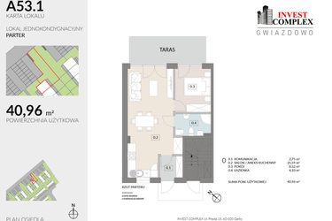 Rzut - Mieszkanie na sprzedaż 2 pokoje o powierzchni 40,96 m² - numer A53.1 w Osiedle Gwiazdowo etap 6B