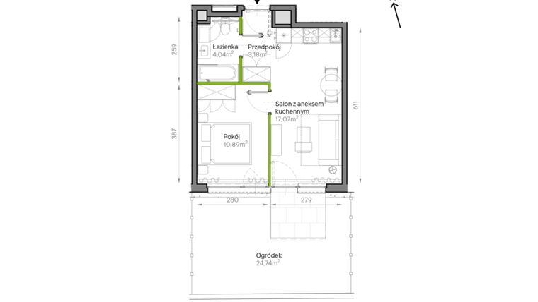 Rzut - Mieszkanie na sprzedaż 2 pokoje o powierzchni 35,18 m² - numer A2/02 w Bemowo Vita