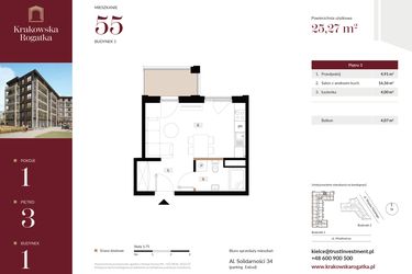 Rzut - Mieszkanie na sprzedaż 1 pokój o powierzchni 25,27 m² - numer 1.M55 w Krakowska Rogatka