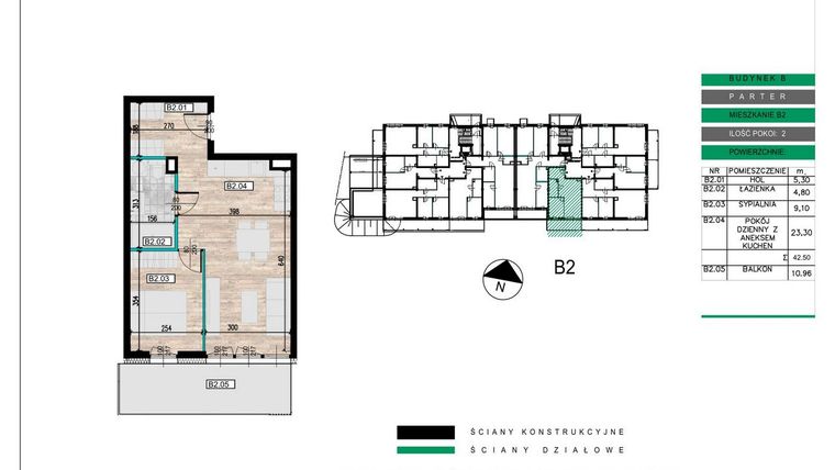 Rzut - Mieszkanie na sprzedaż 2 pokoje o powierzchni 42,5 m² - numer B02 w Lwowska 14