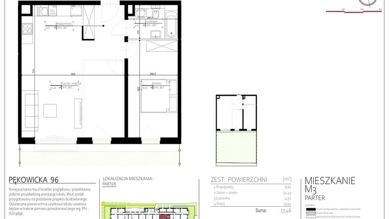 Rzut - Mieszkanie na sprzedaż 2 pokoje o powierzchni 57,46 m² - numer 3 w Pękowicka 96