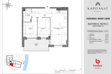 Rzut - Mieszkanie na sprzedaż 3 pokoje o powierzchni 54,95 m² - numer 22.B w Kapitanat Apartamenty