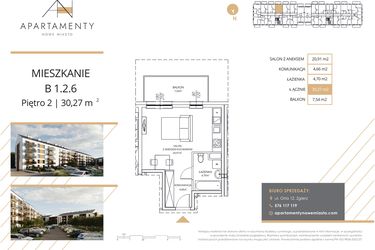 Rzut - Mieszkanie na sprzedaż 1 pokój o powierzchni 30,27 m² - numer B1.2.6 w Apartamenty Nowe Miasto