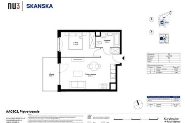 Rzut - Mieszkanie na sprzedaż 2 pokoje o powierzchni 40,68 m² - numer AA0302 w NU3 Warszawa Wola