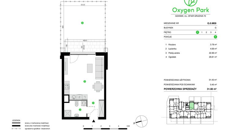 Rzut - Mieszkanie na sprzedaż 1 pokój o powierzchni 31,88 m² - numer G.0.M09 w Oxygen Park etap III