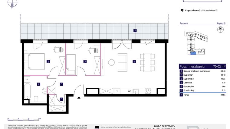 Rzut - Mieszkanie na sprzedaż 3 pokoje o powierzchni 70,02 m² - numer 15/136 w Osiedle Neonowe