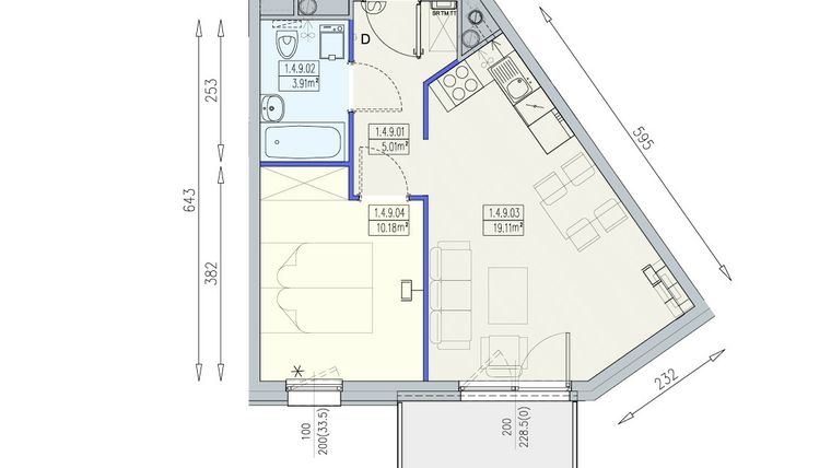 Rzut - Mieszkanie na sprzedaż 2 pokoje o powierzchni 38,21 m² - numer K1 1/4/9/2a w Południk 17 - budynek K1
