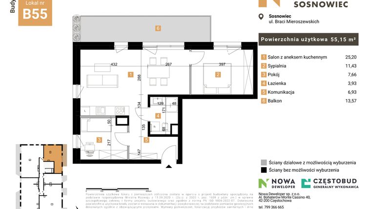 Rzut - Mieszkanie na sprzedaż 3 pokoje o powierzchni 55,15 m² - numer 55 w Nowy Sosnowiec