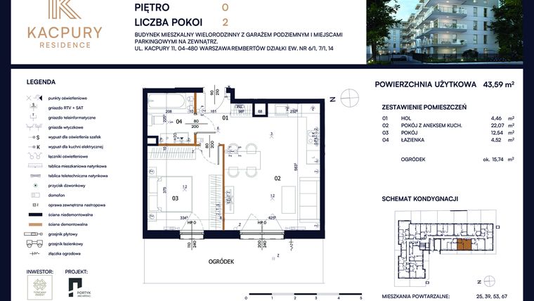 Rzut - Mieszkanie na sprzedaż 2 pokoje o powierzchni 43,59 m² - numer M12 w Kacpury Residence