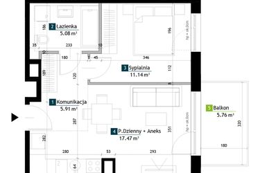 Rzut - Mieszkanie na sprzedaż 2 pokoje o powierzchni 39,6 m² - numer AA0201 w Viva Cité 2