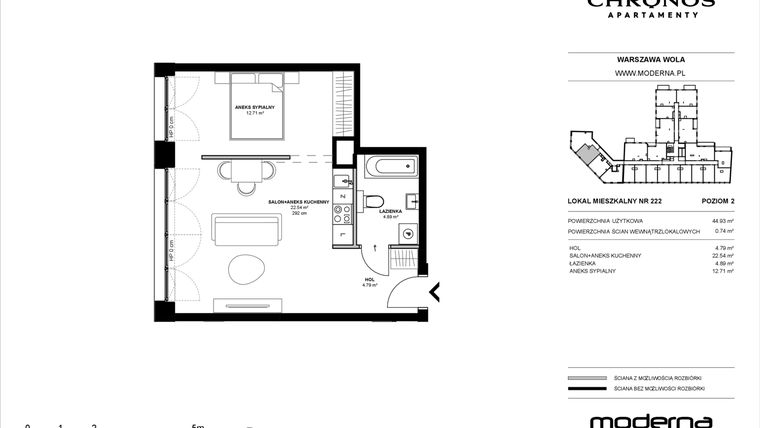 Rzut - Mieszkanie na sprzedaż 2 pokoje o powierzchni 44,93 m² - numer 222 w Chronos etap II