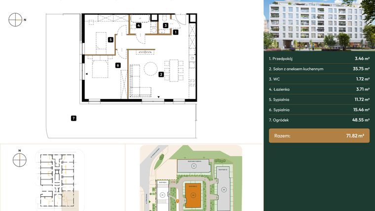 Rzut - Mieszkanie na sprzedaż 1 pokój o powierzchni 71,82 m² - numer B2.0.13 w Wierzbowa 20