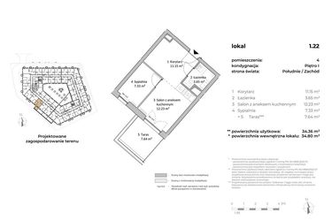 Rzut - Mieszkanie na sprzedaż 1 pokój o powierzchni 34,28 m² - numer 1.22 w OVAL SKY