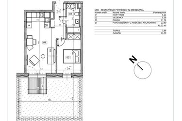 Rzut - Mieszkanie na sprzedaż 2 pokoje o powierzchni 45,22 m² - numer J.M03 w Osiedle Glivia Zachodnia
