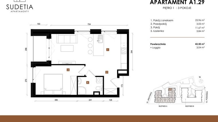 Rzut - Mieszkanie na sprzedaż 2 pokoje o powierzchni 42,5 m² - numer A 1.29 w Apartamenty Sudetia