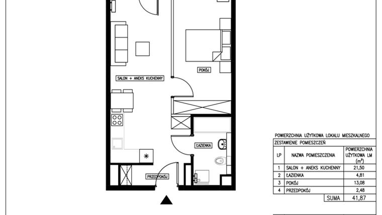 Rzut - Mieszkanie na sprzedaż 2 pokoje o powierzchni 41,87 m² - numer 23 w Nowa Kurkowa