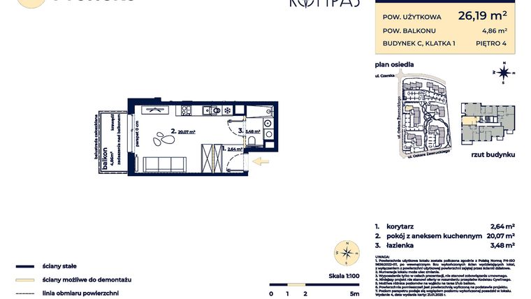 Rzut - Mieszkanie na sprzedaż 1 pokój o powierzchni 26,19 m² - numer C23 w Osiedle Kompas