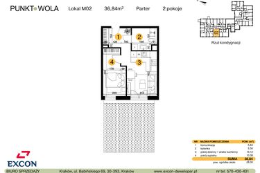 Rzut - Mieszkanie na sprzedaż 2 pokoje o powierzchni 36,84 m² - numer M02 w Punkt Wola
