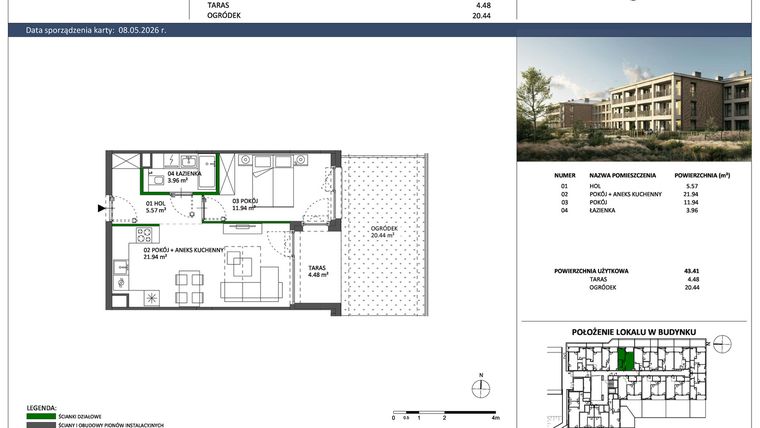 Rzut - Mieszkanie na sprzedaż 2 pokoje o powierzchni 43,41 m² - numer C-04 w Hillence etap 3