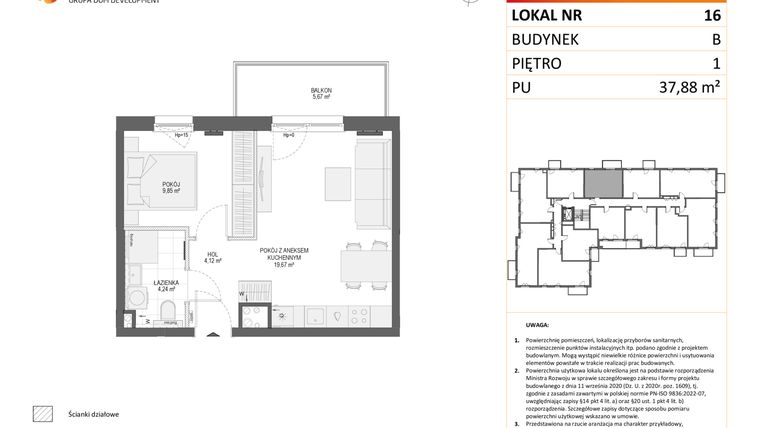 Rzut - Mieszkanie na sprzedaż 2 pokoje o powierzchni 37,88 m² - numer B16 w Osiedle Orzechowa
