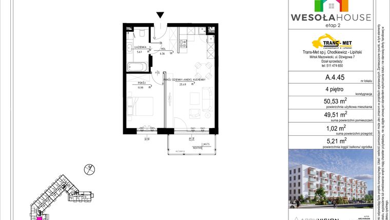 Rzut - Mieszkanie na sprzedaż 2 pokoje o powierzchni 49,51 m² - numer A.4.45 w Wesoła House Etap II