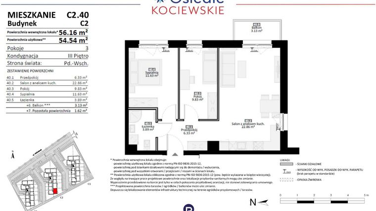 Rzut - Mieszkanie na sprzedaż 3 pokoje o powierzchni 54,54 m² - numer C2.40 w Osiedle Kociewskie etap III