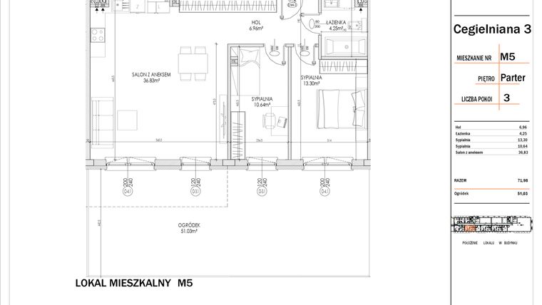 Rzut - Mieszkanie na sprzedaż 3 pokoje o powierzchni 71,98 m² - numer 5 w Osiedle StaLove etap I