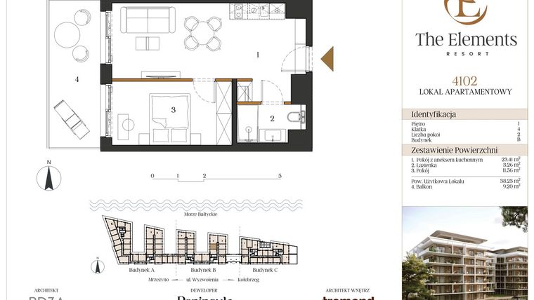 Rzut - Mieszkanie na sprzedaż 2 pokoje o powierzchni 38,23 m² - numer B4102 w The Elements Resort