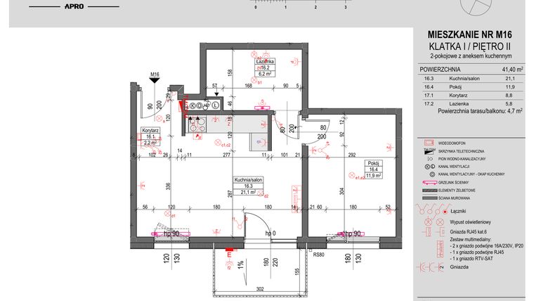 Rzut - Mieszkanie na sprzedaż 2 pokoje o powierzchni 41,4 m² - numer M16 w Antczaka 46
