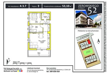 Rzut - Mieszkanie na sprzedaż 3 pokoje o powierzchni 53,1 m² - numer A 3.7 w Żeromskiego Street 52