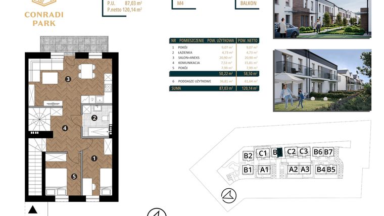 Rzut - Mieszkanie na sprzedaż 4 pokoje o powierzchni 120,14 m² - numer B3.M4 w Conradi Park