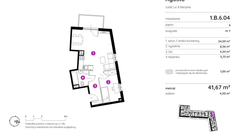 Rzut - Mieszkanie na sprzedaż 2 pokoje o powierzchni 41,55 m² - numer 1.B.6.04 w Murapol Agosto