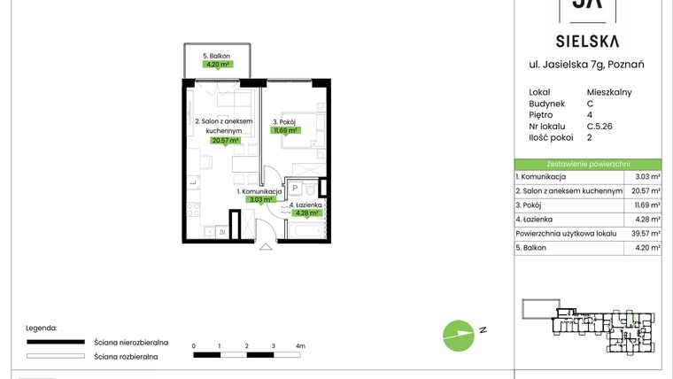 Rzut - Mieszkanie na sprzedaż 2 pokoje o powierzchni 39,57 m² - numer C.5.26 w JA_SIELSKA V