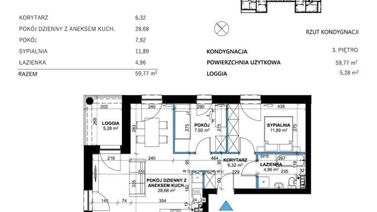 Rzut - Mieszkanie na sprzedaż 3 pokoje o powierzchni 59,77 m² - numer 19 w Comfort Corner