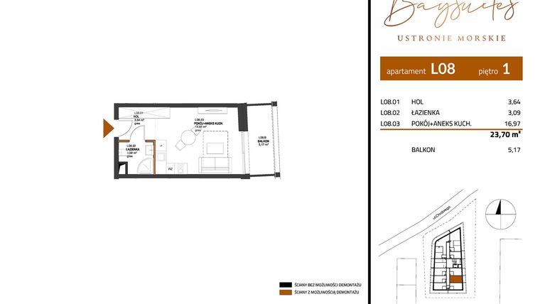 Rzut - Mieszkanie na sprzedaż 1 pokój o powierzchni 23,7 m² - numer AP.1.08 w Baysuites