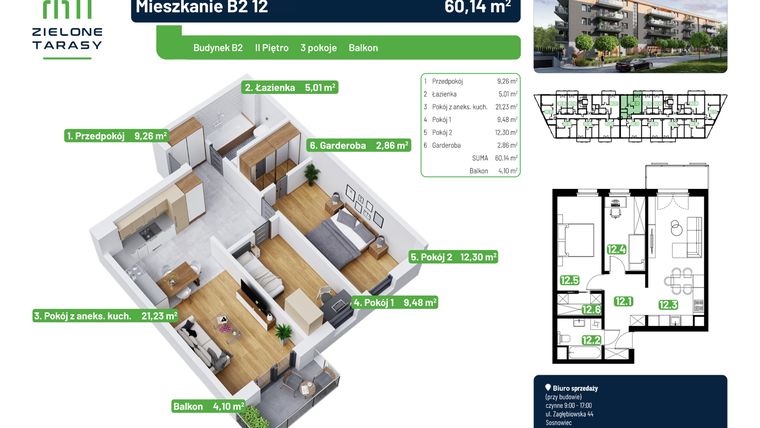 Rzut - Mieszkanie na sprzedaż 3 pokoje o powierzchni 60,14 m² - numer B2.12 w Zielone Tarasy