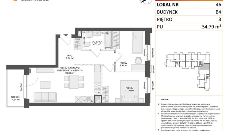 Rzut - Mieszkanie na sprzedaż 3 pokoje o powierzchni 54,63 m² - numer B4.46 w Osiedle Przy Błoniach 3 etap III