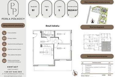Rzut - Mieszkanie na sprzedaż 3 pokoje o powierzchni 68,64 m² - numer B1.0_5 w Perła Północy etap 2