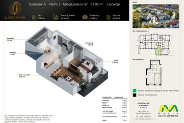 Rzut - Mieszkanie na sprzedaż 1 pokój o powierzchni 51,02 m² - numer M37 w Oleśnica Park