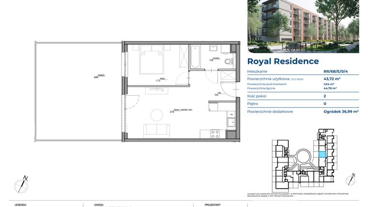 Rzut - Mieszkanie na sprzedaż 2 pokoje o powierzchni 43,83 m² - numer RR/6B/E/0/4 w Royal Residence 6B