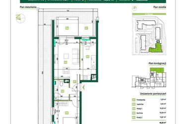 Rzut - Mieszkanie na sprzedaż 2 pokoje o powierzchni 48,38 m² - numer 9B.1 w Zielona Przystań etap III