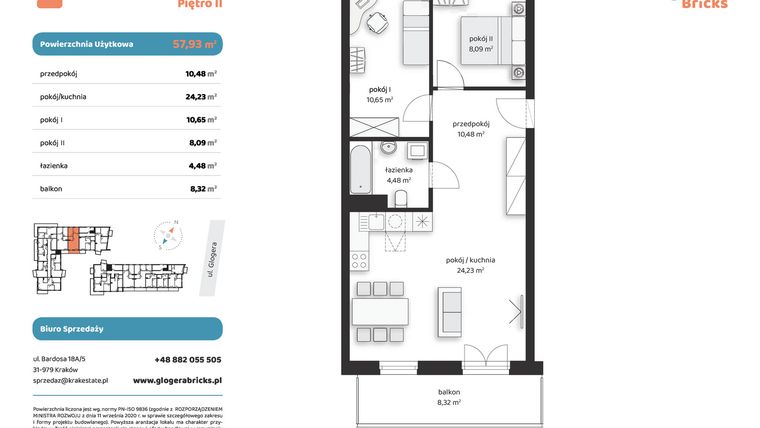 Rzut - Mieszkanie na sprzedaż 3 pokoje o powierzchni 57,93 m² - numer M III.2.3 w Glogera Bricks