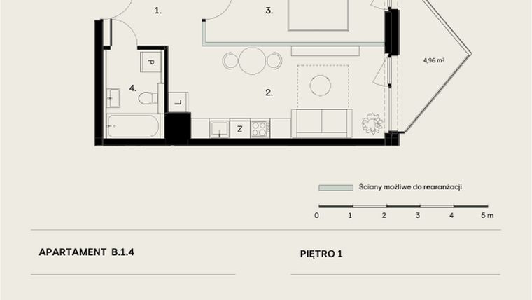 Rzut - Mieszkanie na sprzedaż 2 pokoje o powierzchni 42,29 m² - numer B/1/4 w Ogrodowa 12