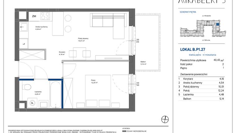 Rzut - Mieszkanie na sprzedaż 2 pokoje o powierzchni 43,6 m² - numer B.P1.27 w Mirabelki 5