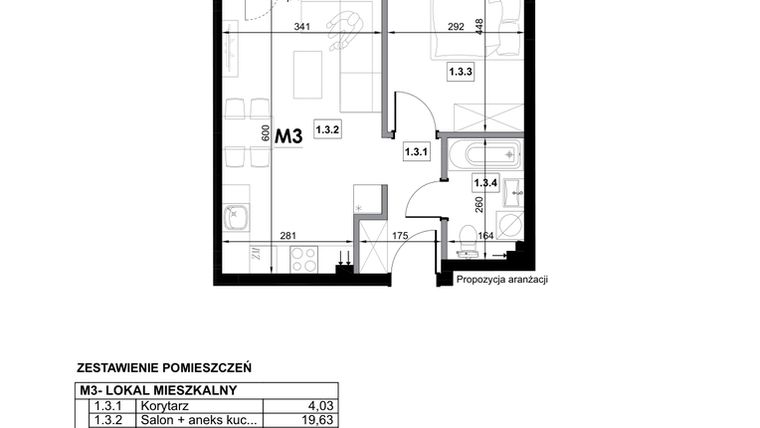 Rzut - Mieszkanie na sprzedaż 2 pokoje o powierzchni 40,92 m² - numer M3 w Miejska Premium II