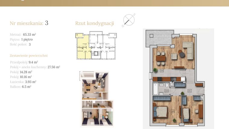 Rzut - Mieszkanie na sprzedaż 3 pokoje o powierzchni 65,33 m² - numer 51C.M3 w Dębowa 51