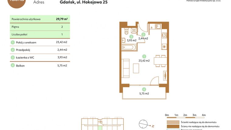 Rzut - Mieszkanie na sprzedaż 1 pokój o powierzchni 29,79 m² - numer D39-2 w Fauna