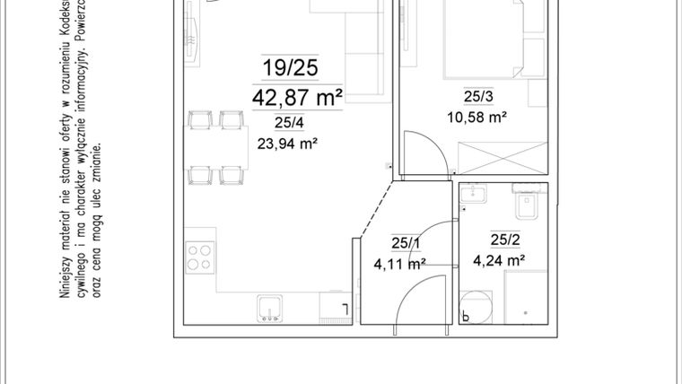 Rzut - Mieszkanie na sprzedaż 2 pokoje o powierzchni 42,87 m² - numer 19/25 w Osiedle Versus etap II