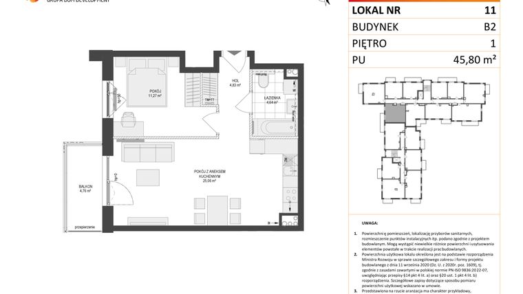 Rzut - Mieszkanie na sprzedaż 2 pokoje o powierzchni 45,8 m² - numer 11 w Locus 2 bud. B2
